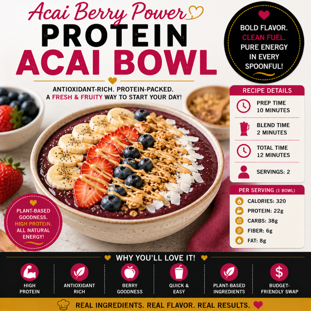 Açaí Berry Power Protein Bowl topped with banana, strawberries, blueberries, granola, coconut, chia seeds and nut butter
