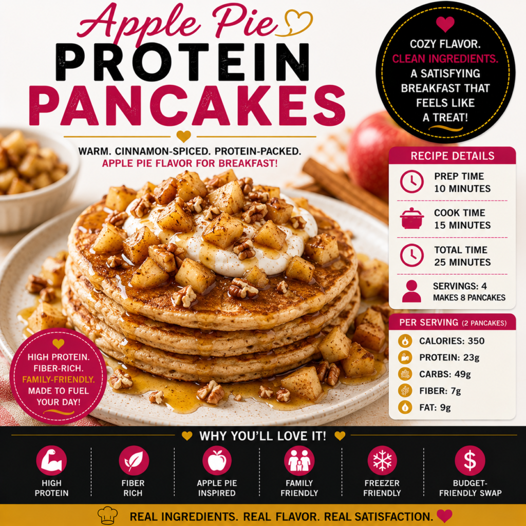 Apple Pie Protein Pancakes topped with warm cinnamon apples, Greek yogurt, toasted pecans and a light maple drizzle