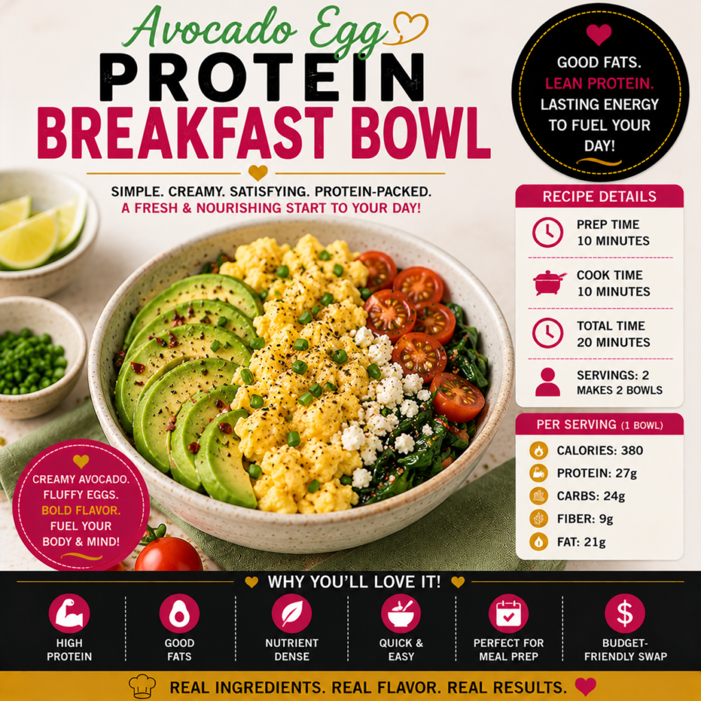 Avocado Egg Protein Breakfast Bowl with scrambled eggs, sliced avocado, sautéed spinach, cherry tomatoes, feta cheese and green onions
