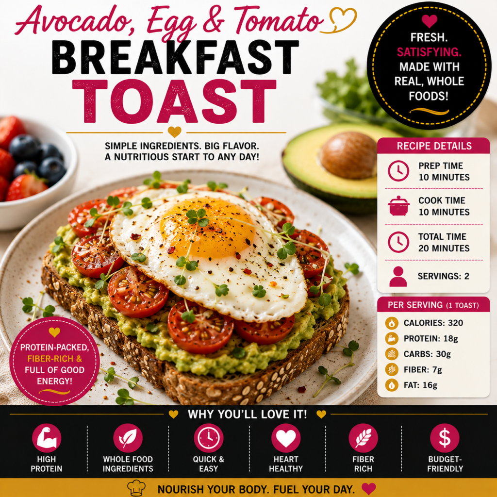Avocado, Egg and Tomato Breakfast Toast with mashed avocado, blistered tomatoes, a cooked egg, fresh herbs and whole-grain bread
