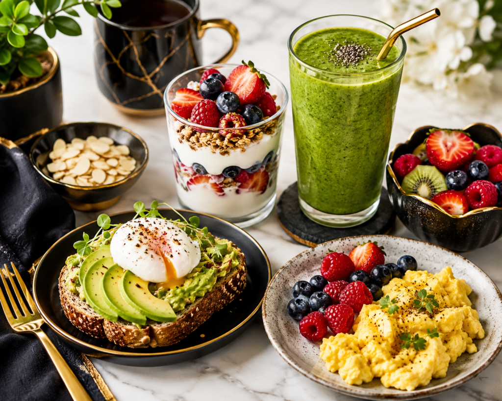 Healthy breakfast with avocado toast, eggs, fresh berries, yogurt parfait and green smoothie