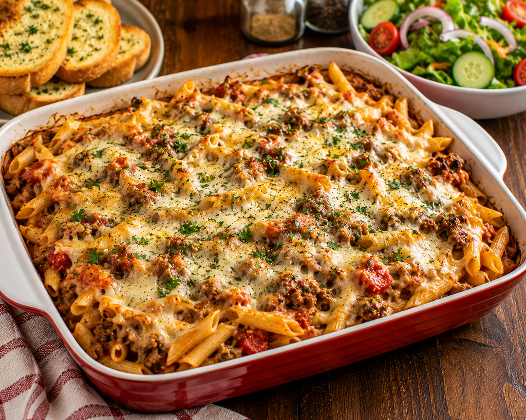 Baked beef and vegetable penne casserole topped with melted cheese and fresh herbs, served with garlic toast and garden salad.
