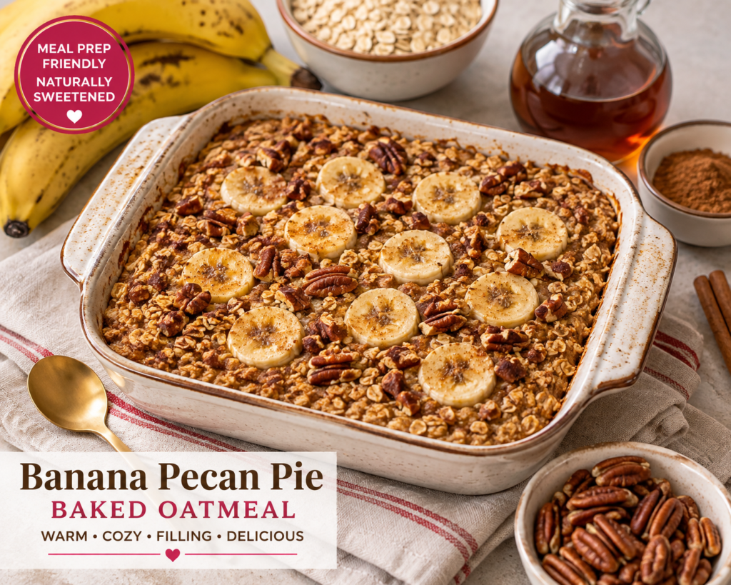 Banana Pecan Pie Baked Oatmeal topped with sliced bananas, toasted pecans and cinnamon