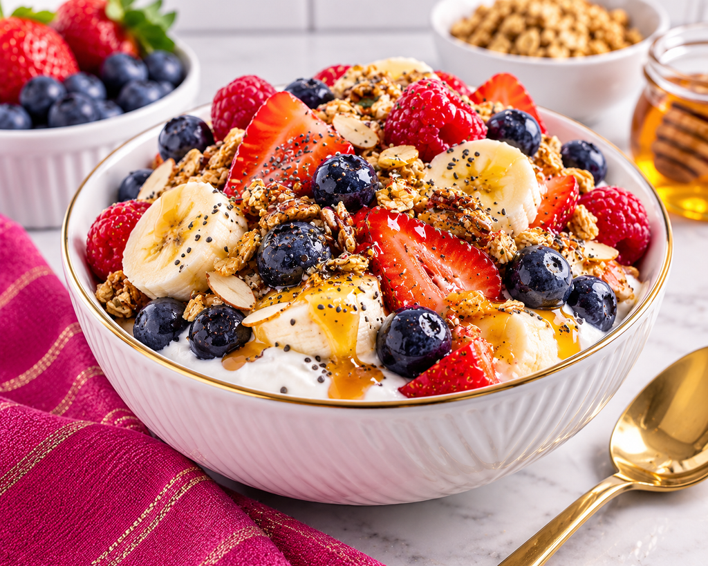 Berry Banana Protein Crunch Bowl with Greek yogurt, strawberries, blueberries, raspberries, banana, granola, sliced almonds, chia seeds, and a light honey drizzle.
