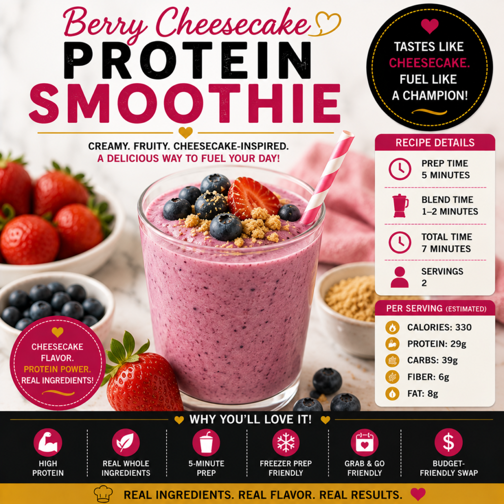 Berry Cheesecake Protein Smoothie made with strawberries, blueberries, banana and Greek yogurt topped with fresh berries and graham cracker crumbs