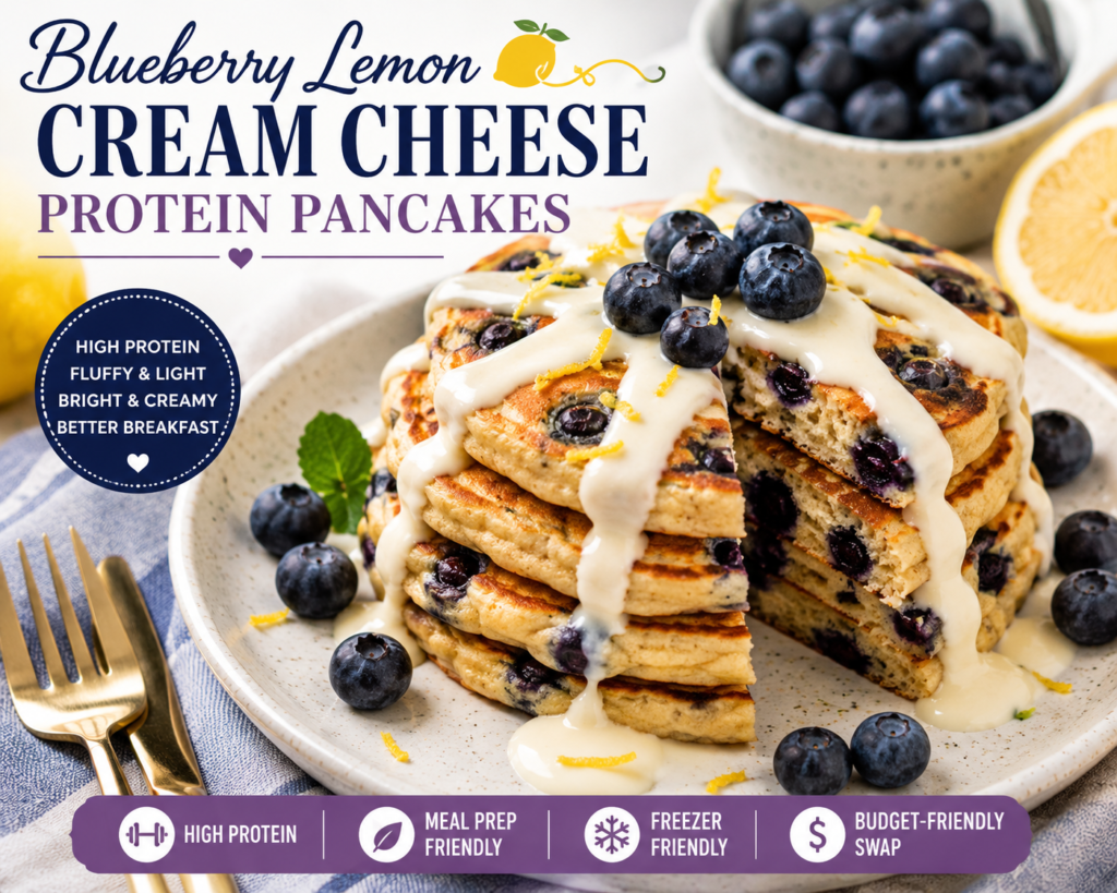 Blueberry Lemon Cream Cheese Protein Pancakes topped with fresh blueberries, lemon zest and a light cream cheese drizzle