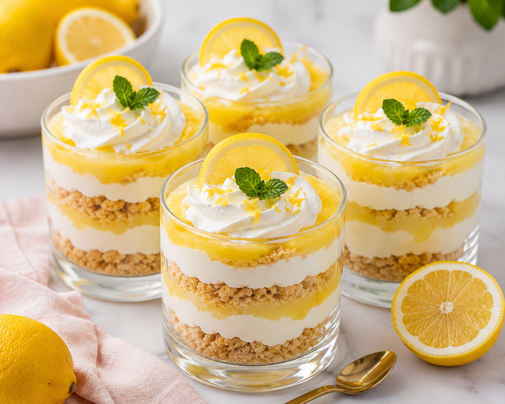 Individual lemon layered parfaits with graham cracker crumbs, creamy Greek yogurt and lemon layers, topped with lemon slices, lemon zest, and fresh mint.