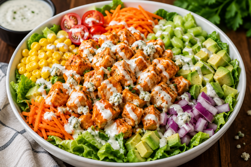Buffalo Chicken Ranch Bowl with spicy Buffalo chicken, crisp romaine lettuce, corn, tomatoes, carrots, celery, avocado, and creamy ranch dressing.