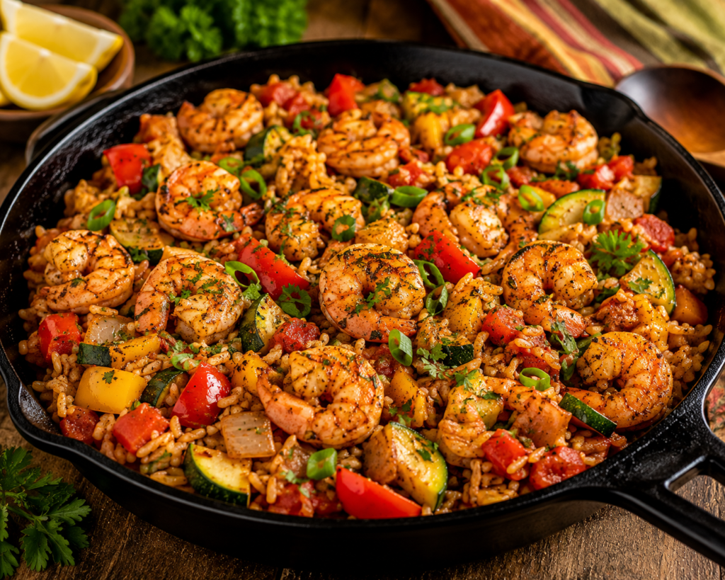 Cajun shrimp and brown rice skillet with colorful bell peppers, zucchini, tomatoes, onions, and fresh parsley.
