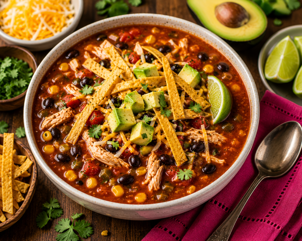 Chicken Tortilla Soup with shredded chicken, black beans, corn, tomatoes, avocado, cheese, cilantro, lime, and crispy tortilla strips in a seasoned tomato broth.