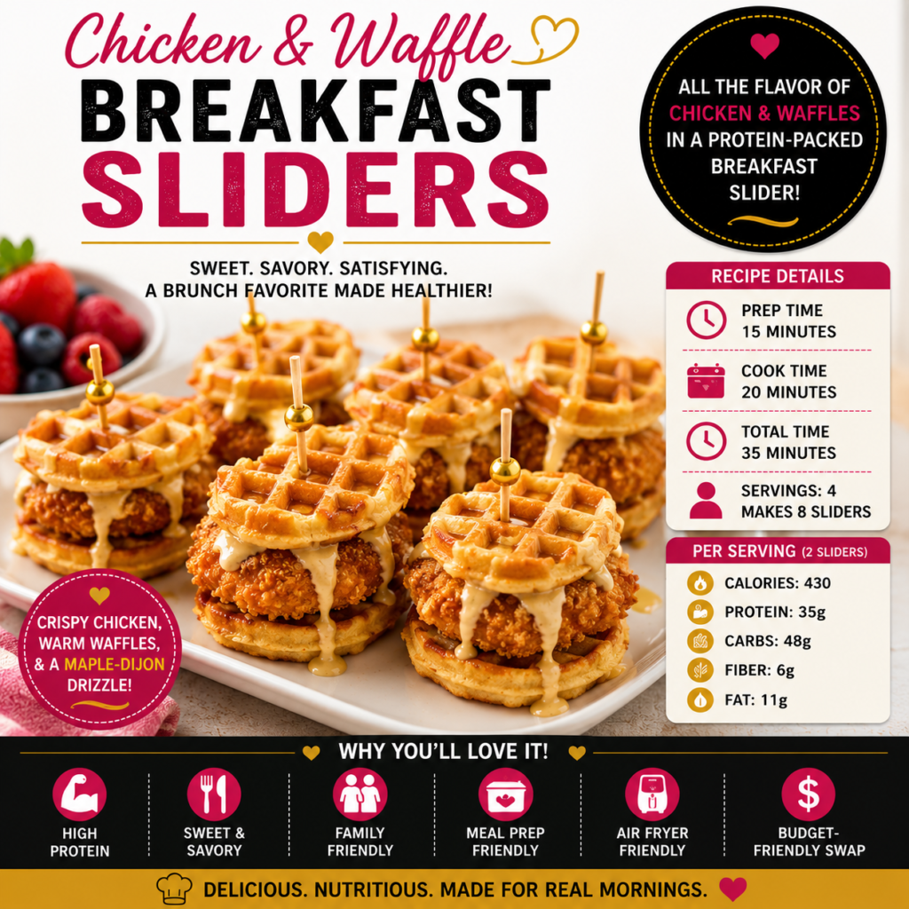 Chicken and Waffle Breakfast Sliders with crispy seasoned chicken, whole-grain mini waffles and maple-Dijon drizzle