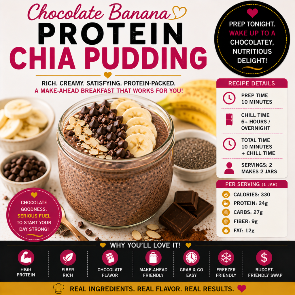 Chocolate Banana Protein Chia Pudding topped with sliced banana, dark chocolate chips, sliced almonds and cacao nibs