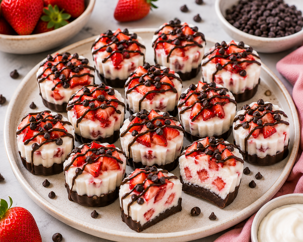 Chocolate strawberry frozen yogurt bites with creamy strawberry Greek yogurt centers, dark chocolate bases, fresh chopped strawberries, mini chocolate chips, and chocolate drizzle.