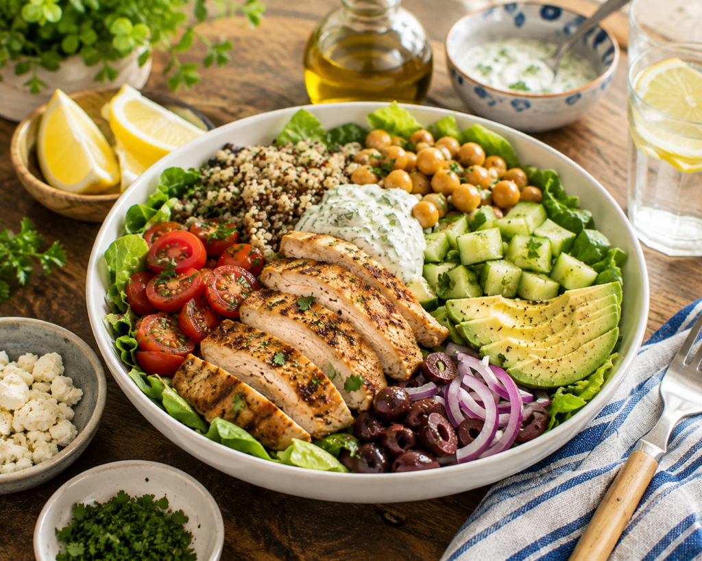 Cilantro Lime Chicken Quinoa Bowl with grilled chicken, quinoa, black beans, corn, avocado, cherry tomatoes, greens, fresh cilantro, lime, and creamy cilantro-lime sauce.