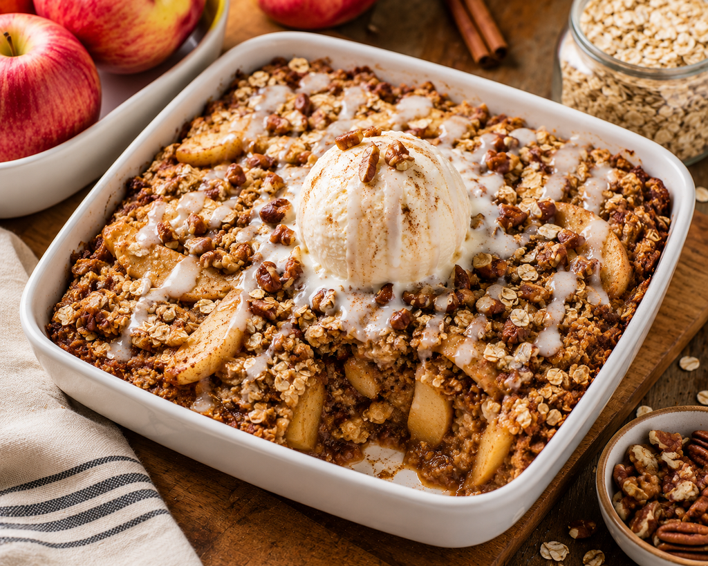 Warm cinnamon apple oat crumble bake with golden oats and pecans topped with vanilla frozen yogurt and a light creamy drizzle.