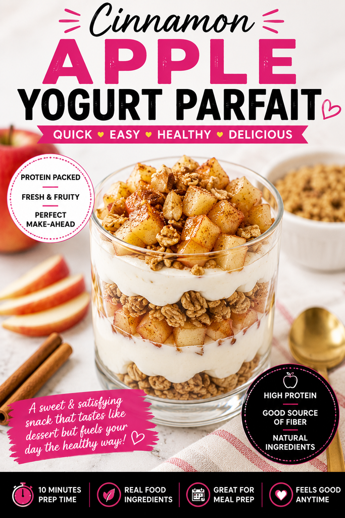 Cinnamon Apple Yogurt Parfait layered with Greek yogurt, cinnamon-spiced apples, crunchy granola, and chopped walnuts.
