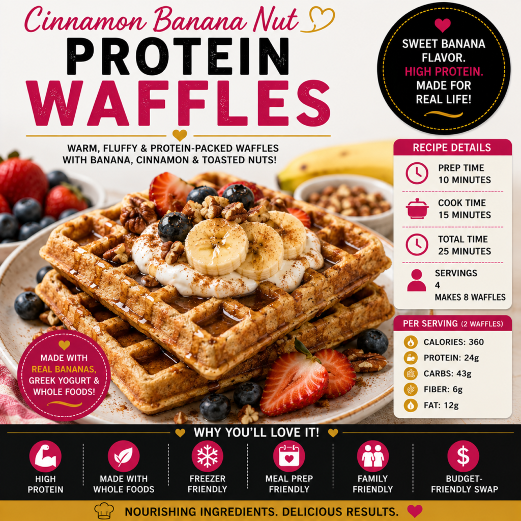 Cinnamon Banana Nut Protein Waffles topped with sliced banana, fresh berries, Greek yogurt, toasted pecans and cinnamon
