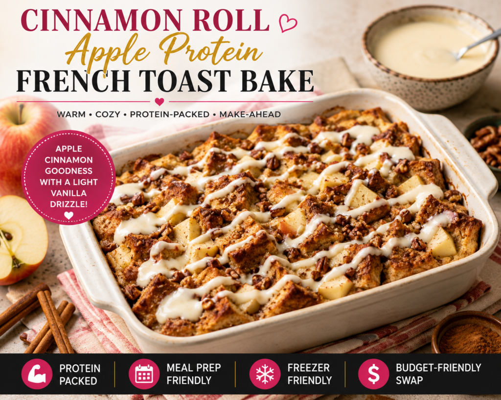 Cinnamon Roll Apple Protein French Toast Bake with cinnamon apples, pecans and a light vanilla drizzle