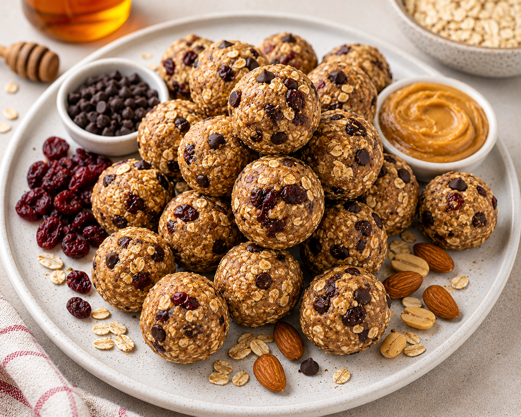 Cranberry Chocolate Oat Energy Bites made with rolled oats, peanut butter, dried cranberries, chia seeds, honey, and mini dark chocolate chips.

