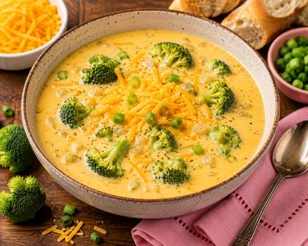 Lightened-Up Creamy Broccoli Cheddar Soup with tender broccoli florets and shredded cheddar cheese in a creamy golden broth, served with crusty bread and a pink napkin.