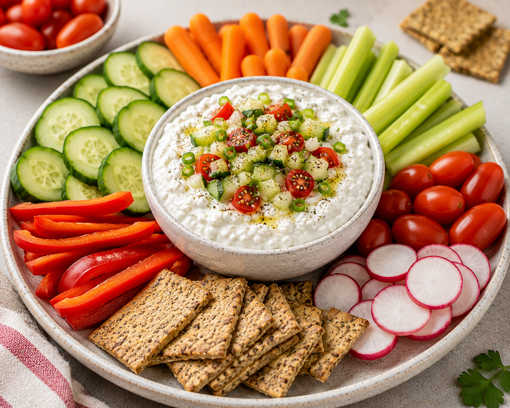 Creamy Garden Cottage Cheese Dip topped with cucumber, cherry tomatoes, green onions, herbs, and black pepper, served with fresh vegetables and whole-grain crackers.
