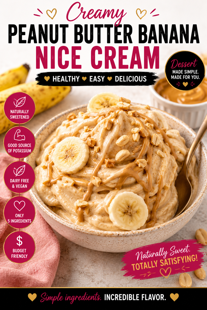 Creamy peanut butter banana nice cream topped with banana slices, chopped peanuts, and a light peanut butter drizzle.
