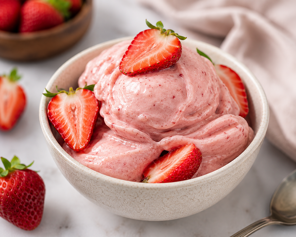 Creamy homemade strawberry nice cream made with frozen strawberries and banana, served in a bowl and topped with fresh sliced strawberries.