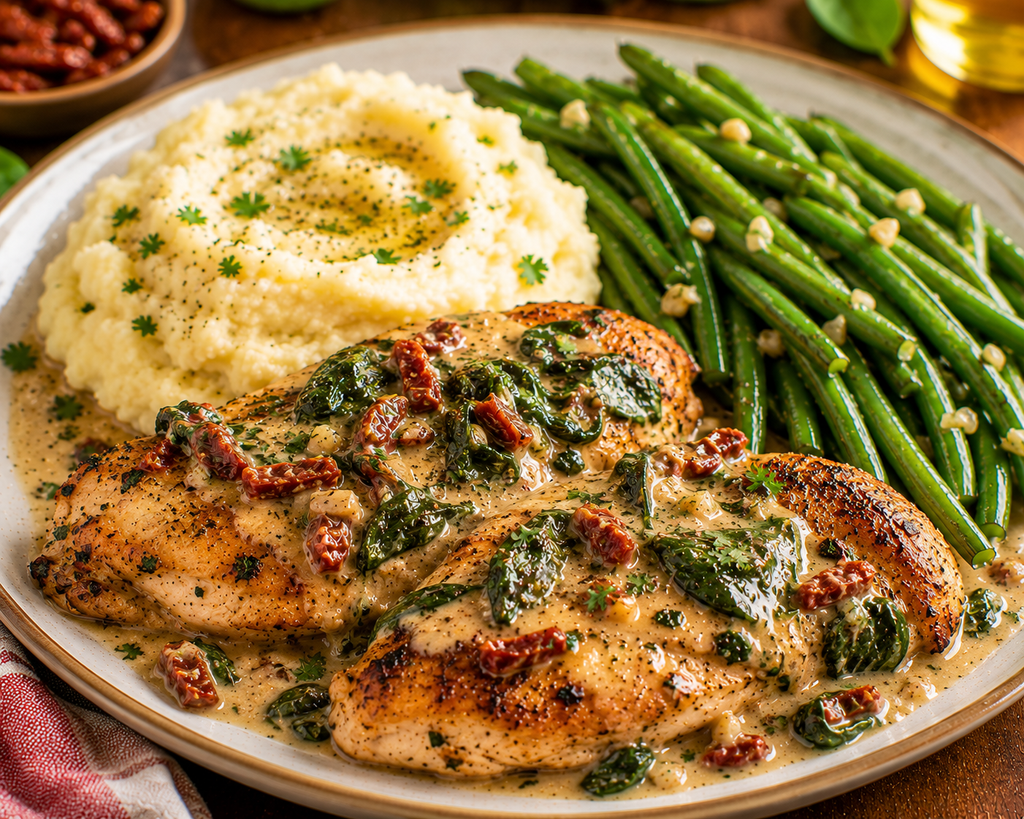 Creamy sun-dried tomato and spinach chicken served with garlic mashed potatoes and seasoned green beans.