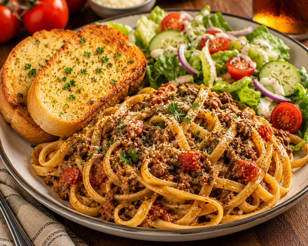 Creamy tomato beef pasta topped with Parmesan and fresh parsley, served with garlic toast and a fresh garden salad.