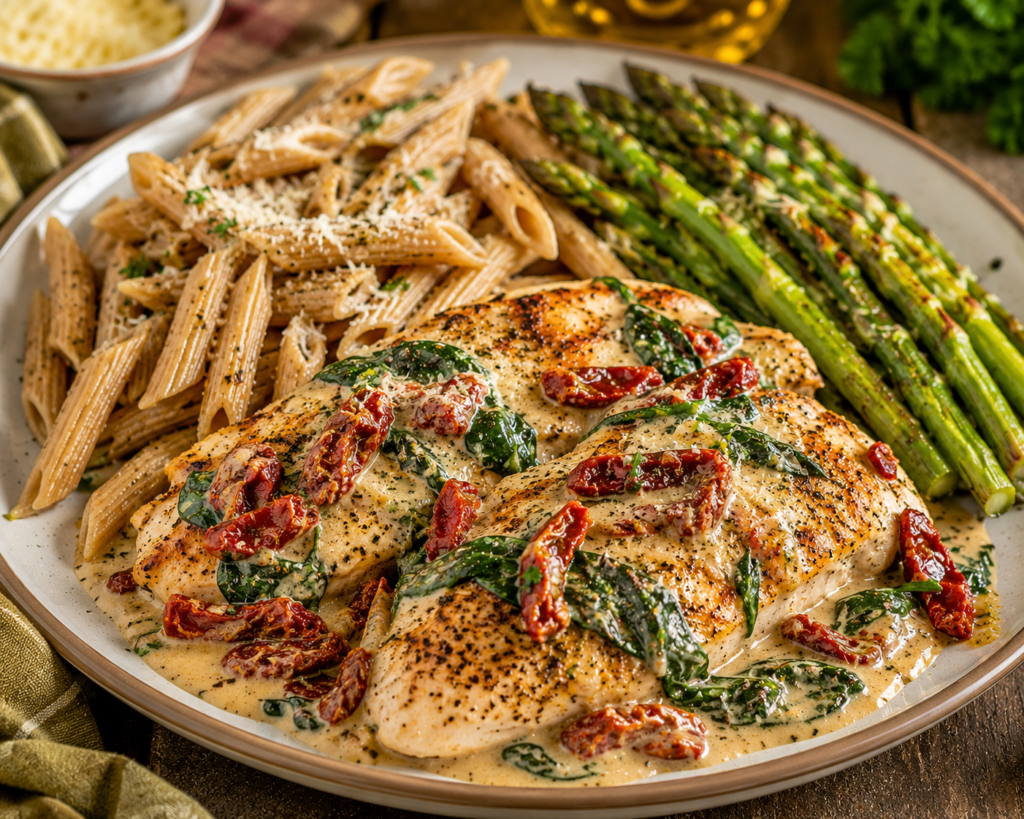 Creamy Tuscan chicken with spinach and sun-dried tomatoes served with whole-grain penne and roasted asparagus.
