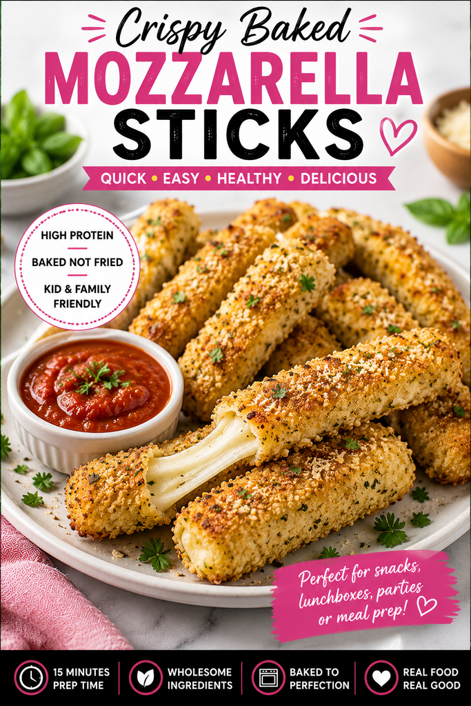 Crispy Baked Mozzarella Sticks coated with seasoned breadcrumbs, Parmesan, and Italian herbs, served warm with marinara dipping sauce.

