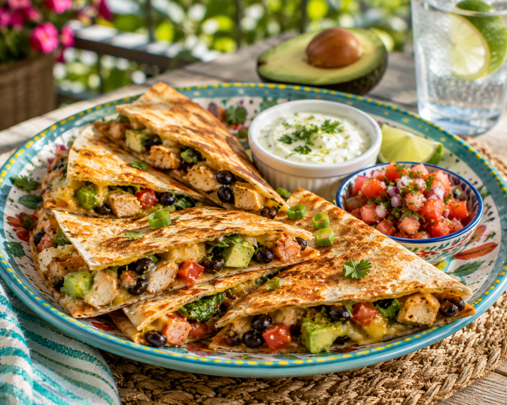 Crispy Chicken and Avocado Quesadillas filled with seasoned chicken, avocado, black beans, tomatoes, spinach, and melted cheese, served with fresh salsa and lime Greek-yogurt dip.