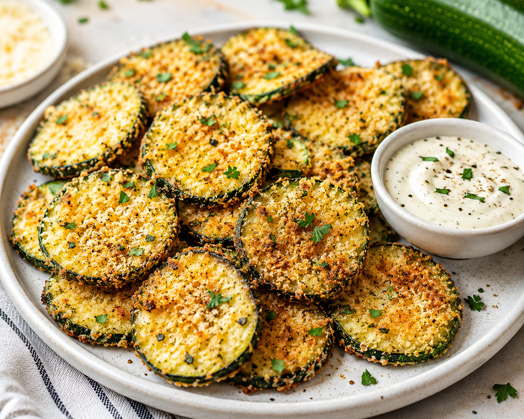 Crispy Parmesan Zucchini Bites with a golden seasoned breadcrumb and Parmesan coating, garnished with fresh parsley and served with creamy dipping sauce.
