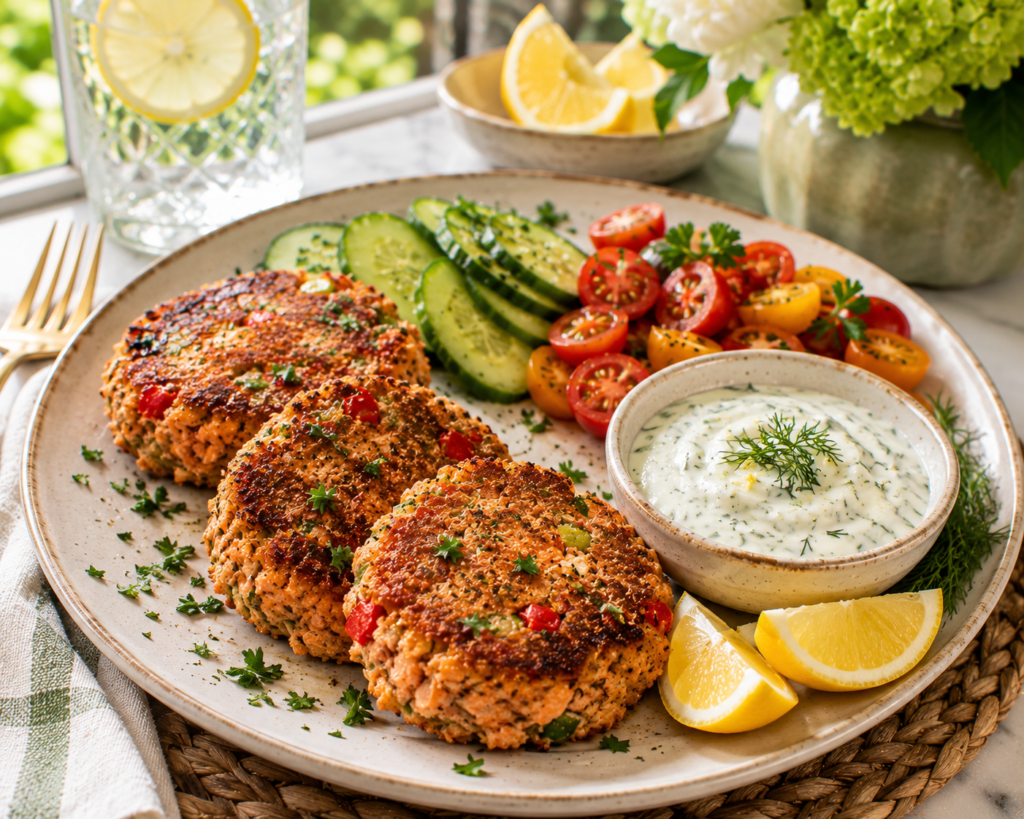 Crispy Salmon Cakes served with creamy lemon-dill Greek-yogurt sauce, fresh lemon wedges, cucumber, tomatoes, and herbs.
