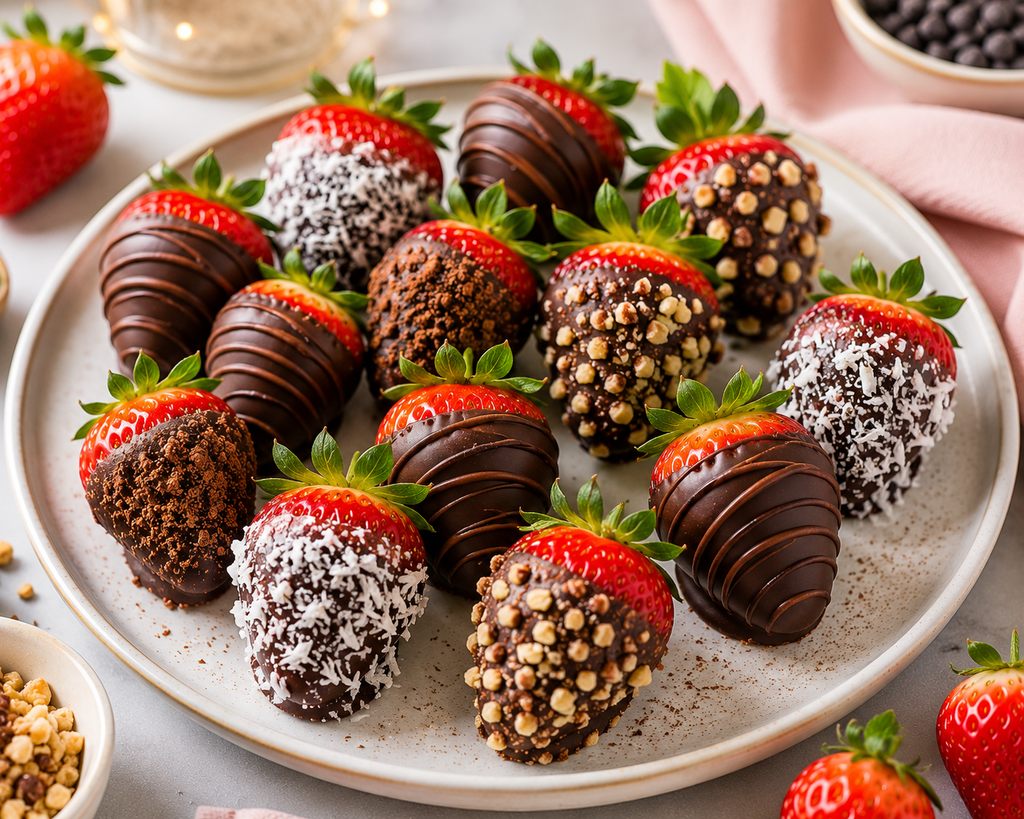 Fresh strawberries dipped in dark chocolate and decorated with chocolate drizzle, chopped nuts, shredded coconut, and cocoa crumbs.