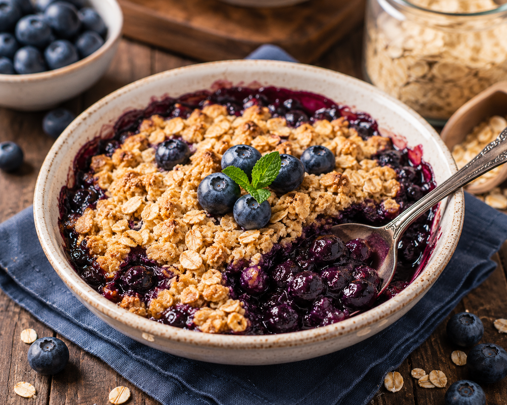 Warm blueberry oat crisp with juicy blueberries and a golden oat crumble topping, garnished with fresh blueberries and mint.
