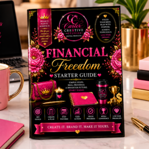 Financial Freedom Starter Guide by Carter Cre8tive Studio displayed on laptop with luxury pink, black and gold financial planning accessories