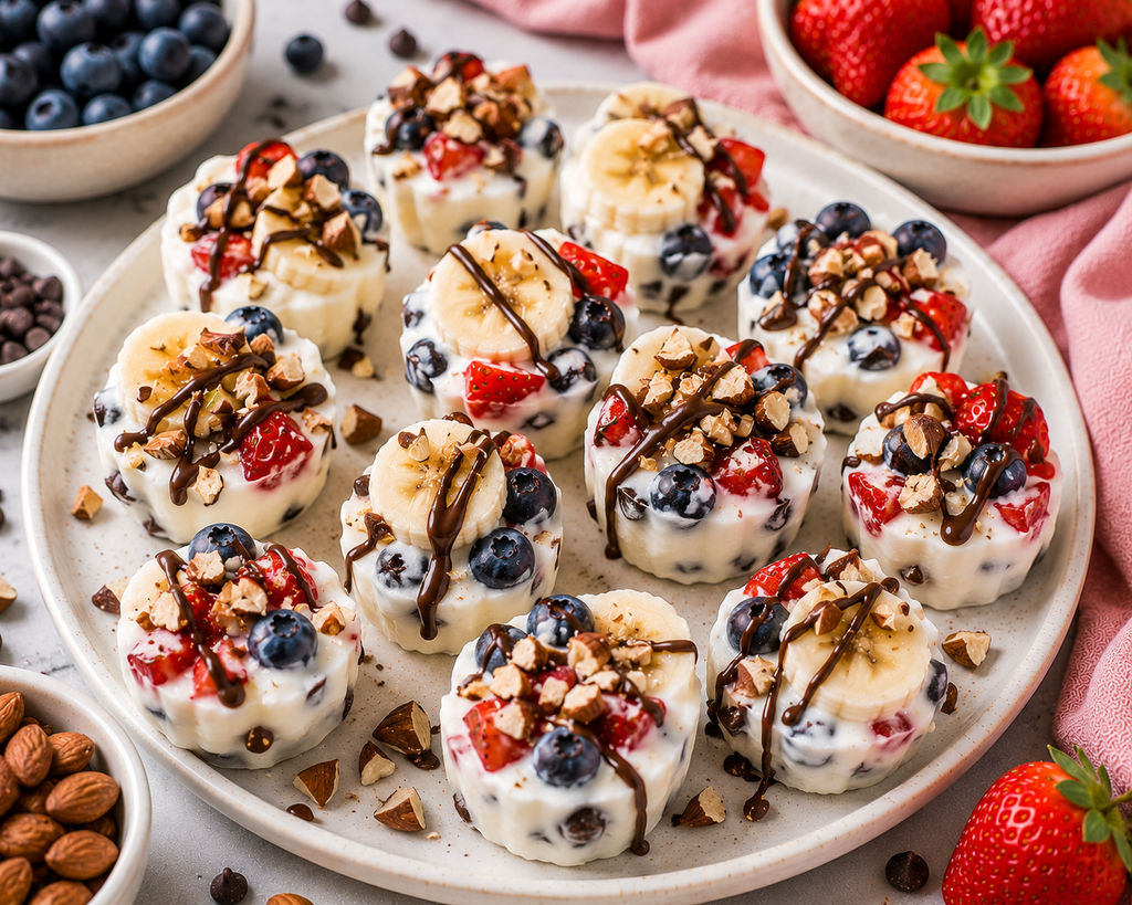Frozen banana berry yogurt bites made with Greek yogurt, banana, strawberries, blueberries, chopped almonds, and a dark chocolate drizzle.