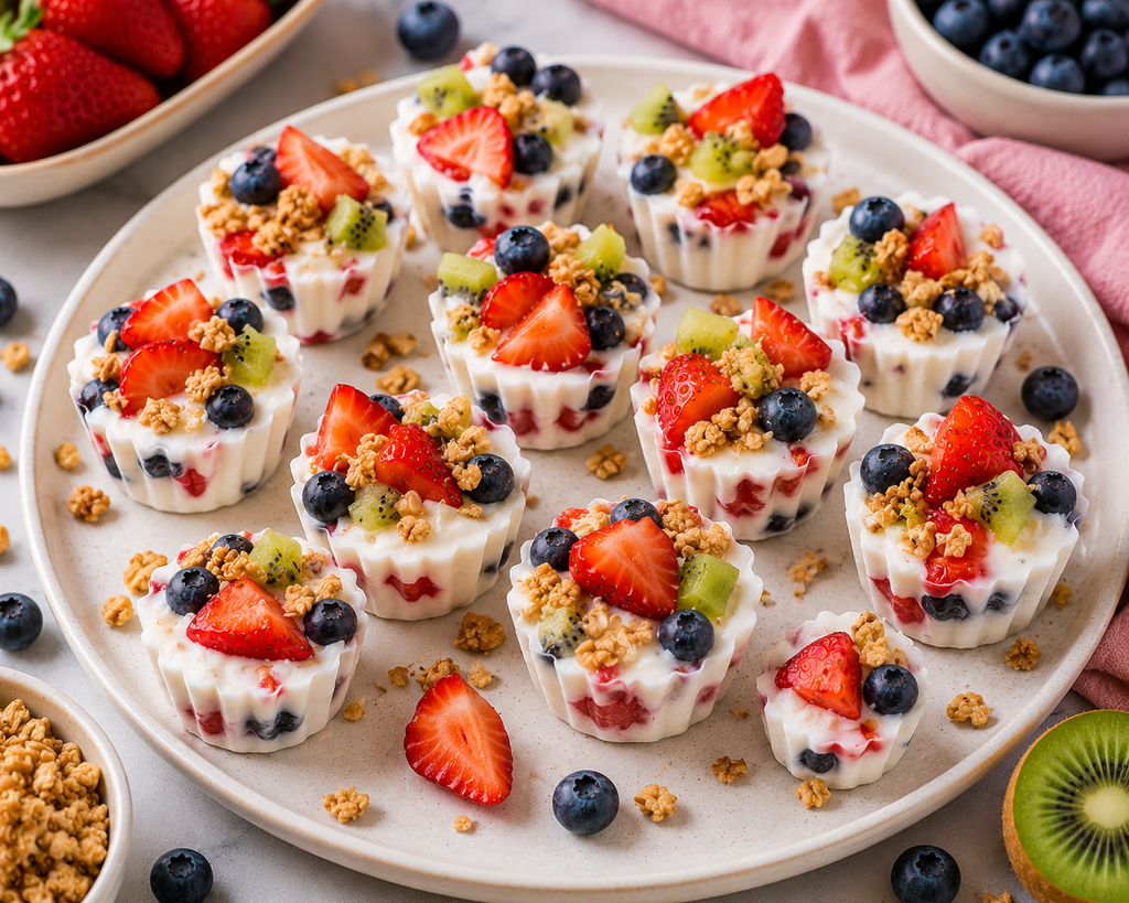 Individual frozen Greek yogurt cups filled with strawberries, blueberries, kiwi, and crunchy granola on a serving plate.
