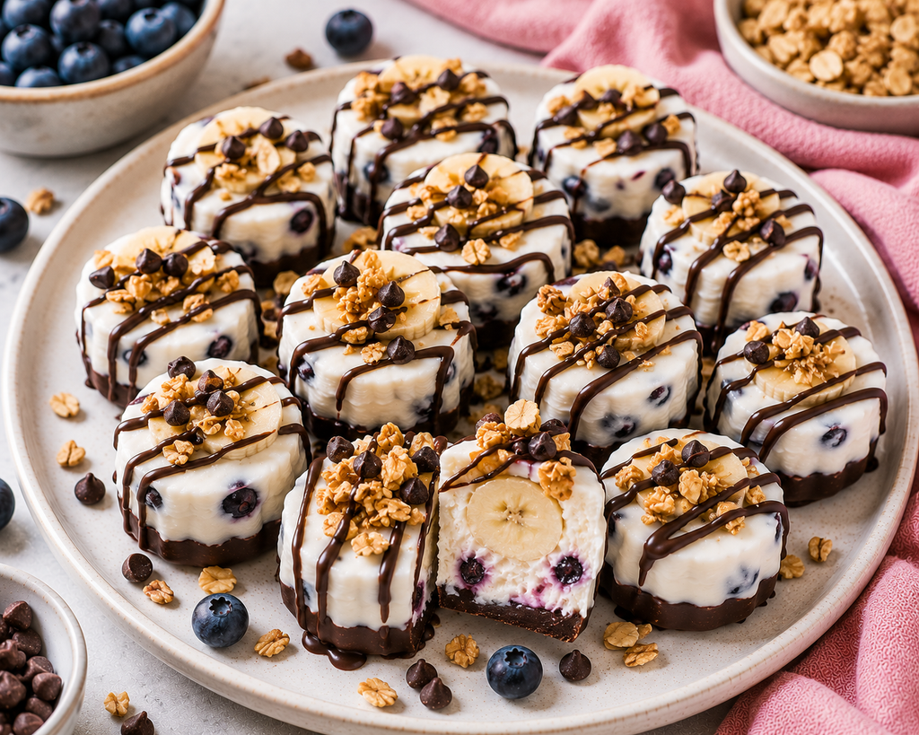 Frozen blueberry banana yogurt crunch bites with banana centers, blueberries, Greek yogurt, dark chocolate, granola, and chocolate drizzle.
