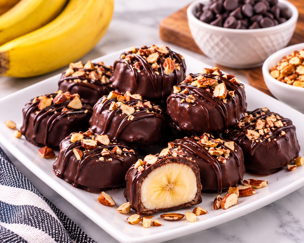 Frozen banana bites coated in dark chocolate, drizzled with chocolate, and topped with chopped nuts on a serving plate.
