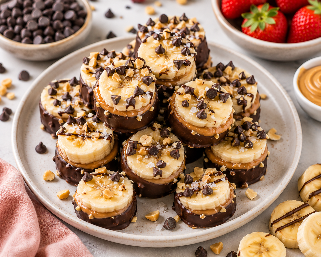 Frozen peanut butter chocolate banana bites made with banana slices, creamy peanut butter, dark chocolate, chopped peanuts, and mini chocolate chips.
