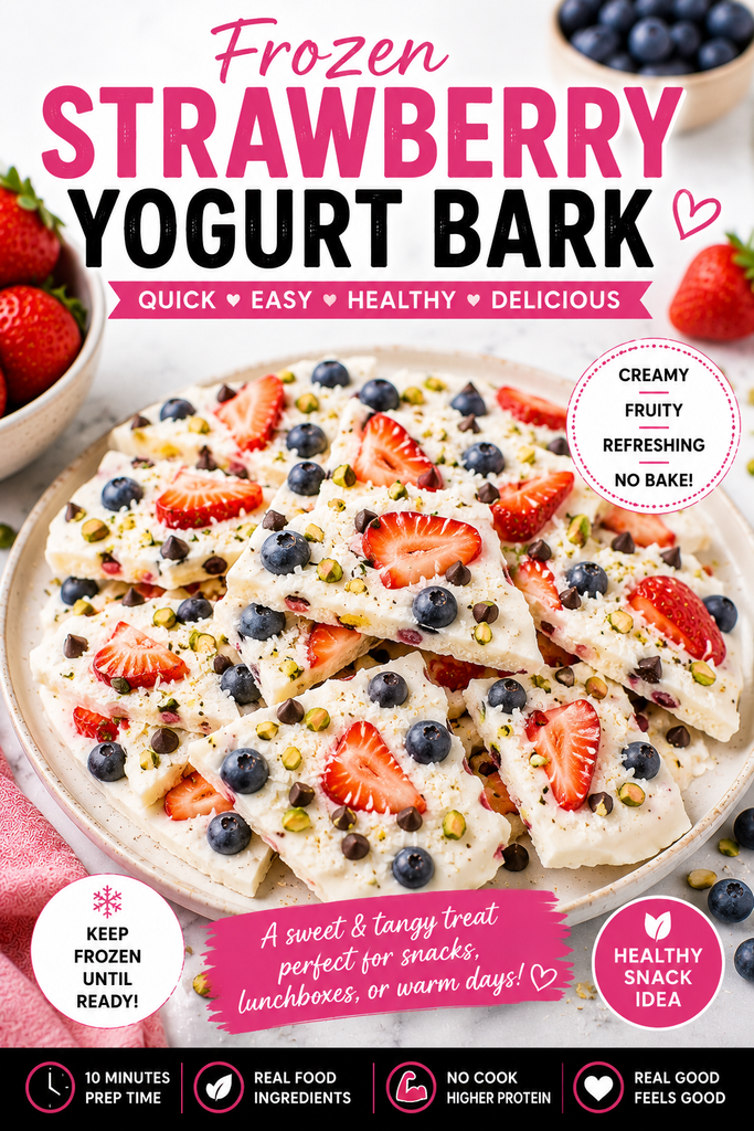 Frozen Strawberry Yogurt Bark topped with fresh strawberries, blueberries, chopped pistachios, and mini dark chocolate chips.

