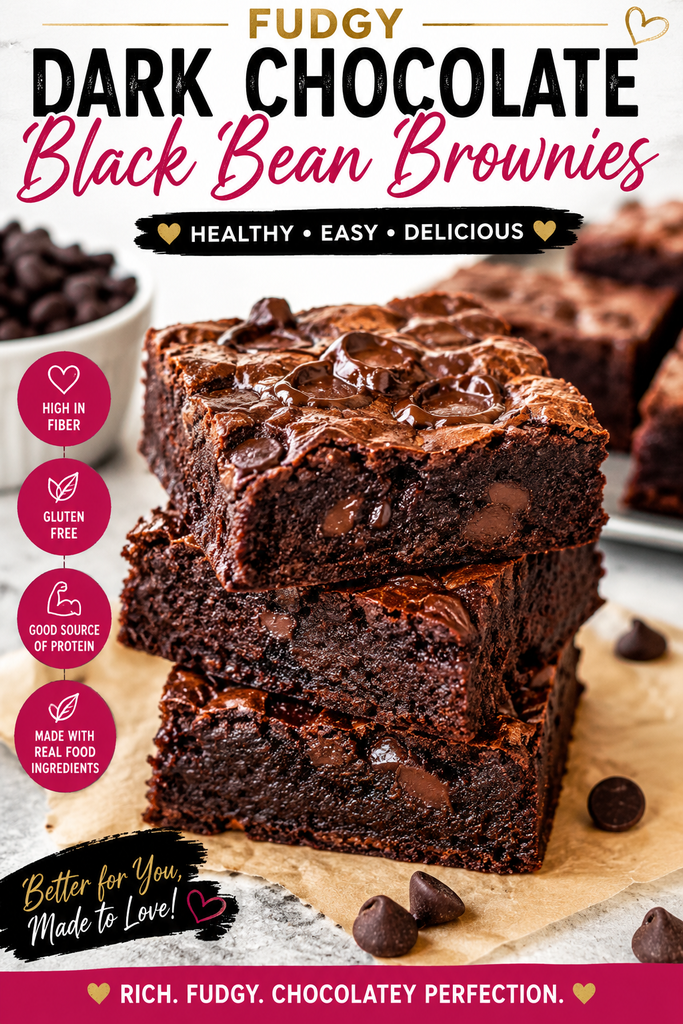 Stack of rich and fudgy dark chocolate black bean brownies topped with melted dark chocolate chips.
