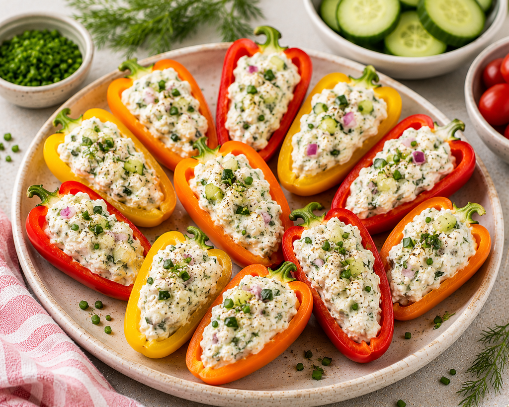Colorful red, orange, and yellow mini sweet peppers filled with creamy garden herb cheese, cucumber, red onion, chives, and fresh dill.
