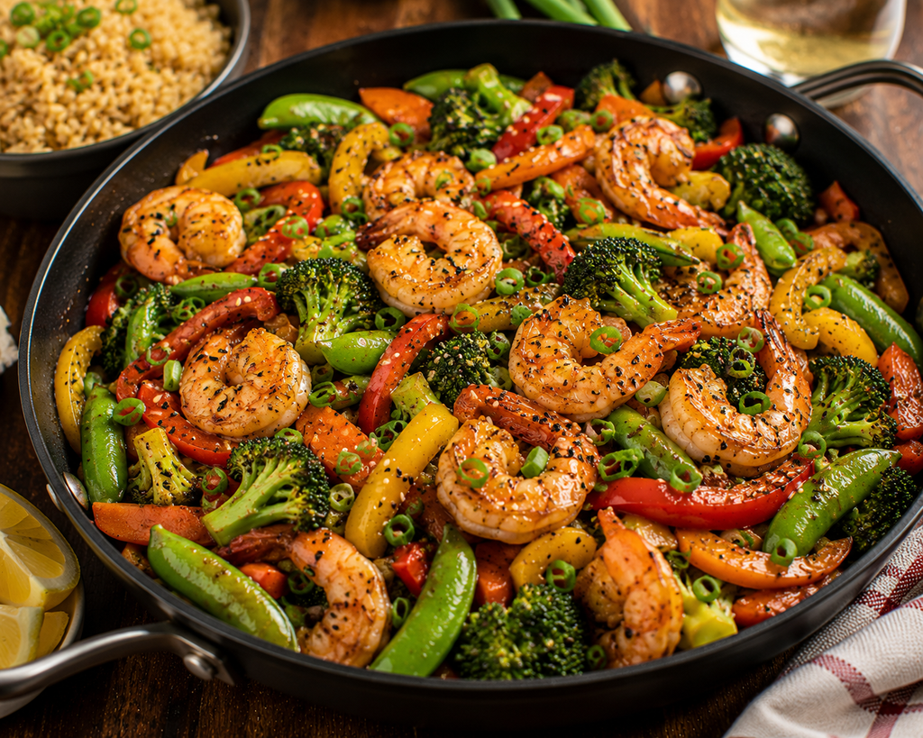 Garlic ginger shrimp stir-fry with broccoli, snap peas, carrots, red and yellow bell peppers, green onions, and brown rice.