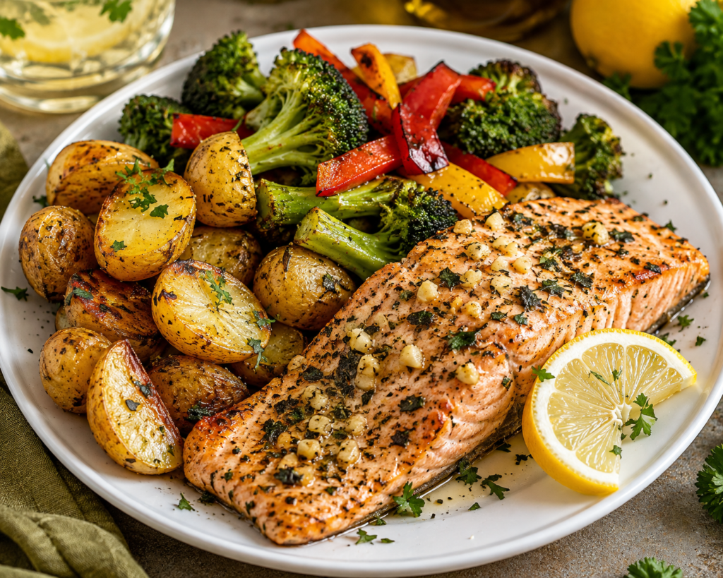 Garlic herb baked salmon fillet served with roasted baby potatoes, broccoli, and colorful bell peppers with fresh lemon.
