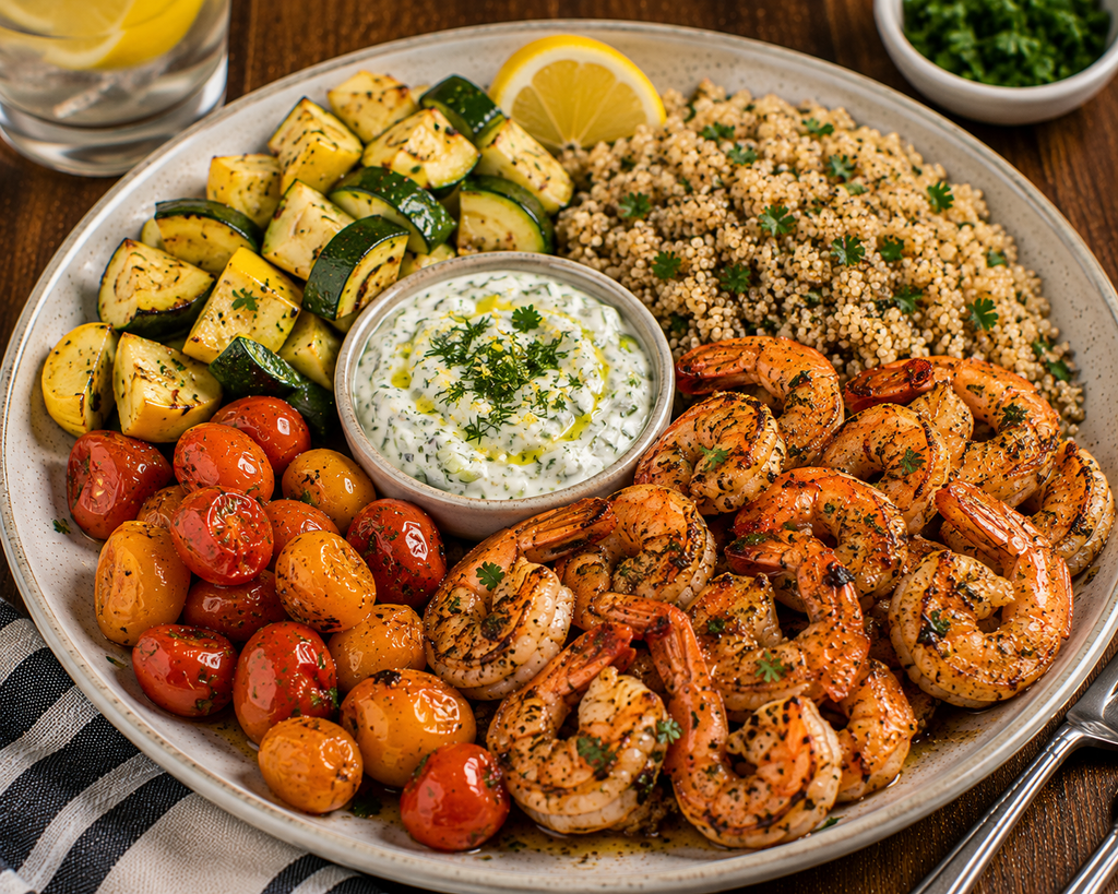 Garlic herb shrimp served with seasoned quinoa, roasted zucchini, yellow squash, cherry tomatoes, lemon, and creamy herb yogurt sauce.