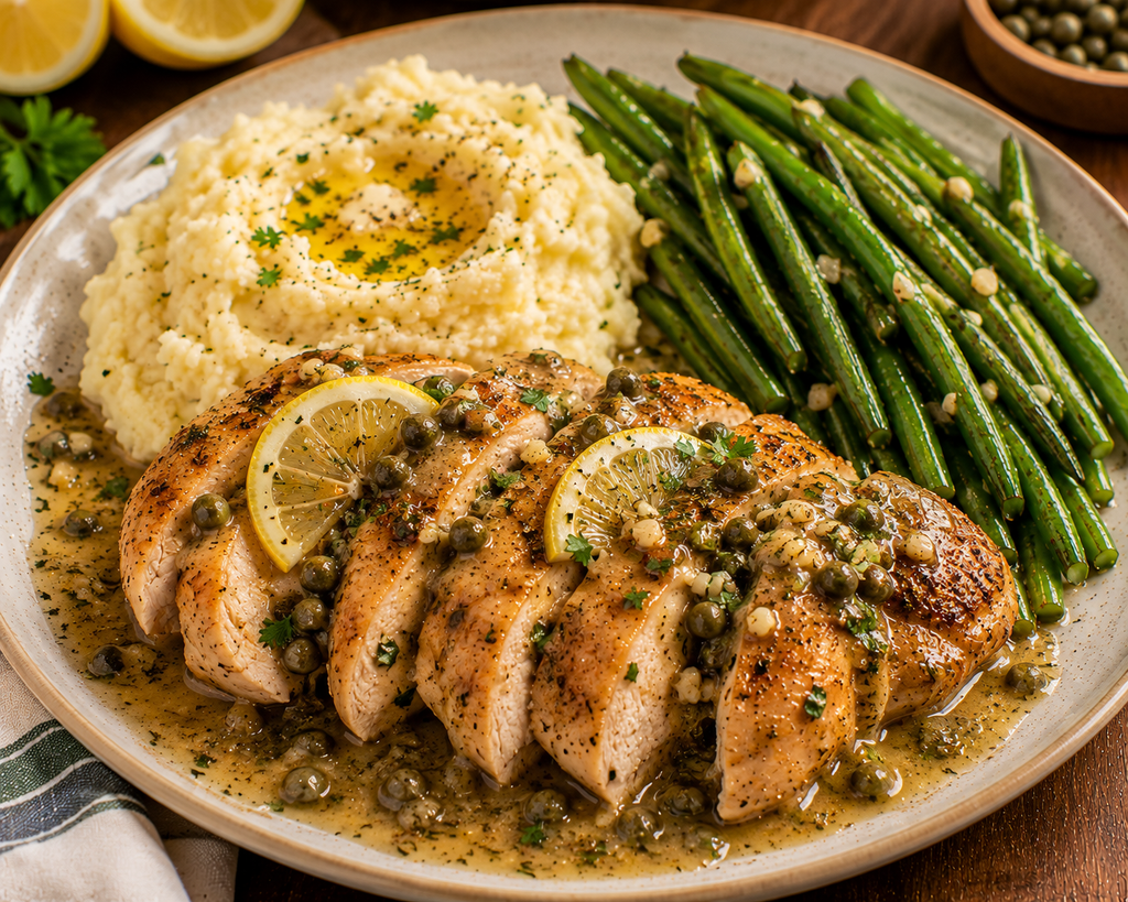 Garlic mushroom chicken breast with savory mushroom gravy served with creamy mashed potatoes and seasoned green beans.