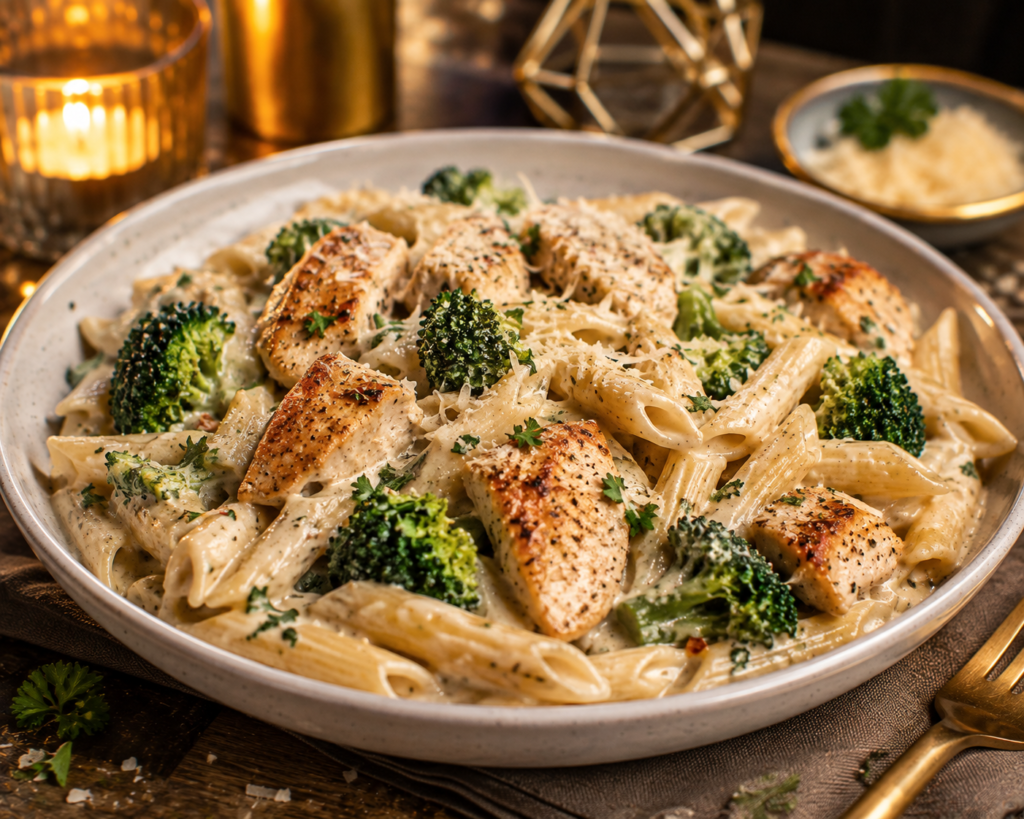 Garlic Parmesan Chicken and Broccoli Pasta with tender seasoned chicken, broccoli florets, whole-grain pasta, and creamy garlic Parmesan sauce topped with fresh parsley and Parmesan.